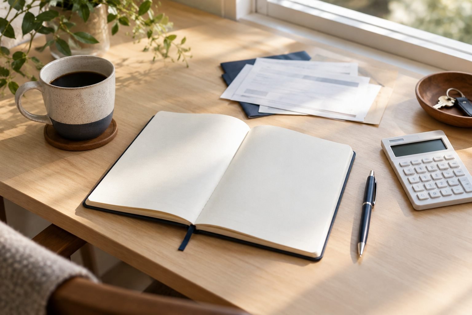 Notebook and calculator arranged for household financial planning